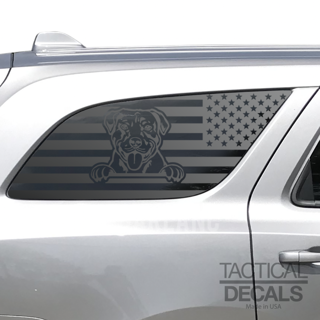 USA Flag with Pitbull Dog Decal for 2011 - 2024 Dodge Durango 3rd Windows - Matte Black