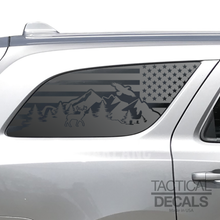 Load image into Gallery viewer, USA Flag w/ Wildlife Outdoor Mountain Scene Decal for 2011 - 2024 Dodge Durango Windows - Matte Black
