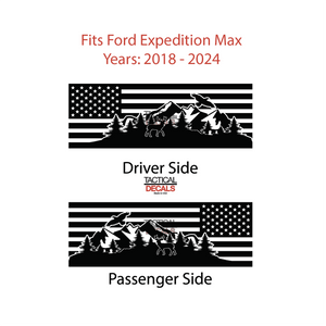 USA Flag w/Wildlife Scene Decal for 2018 - 2024 Ford Expedition Max Only - 3rd Windows - Matte Black