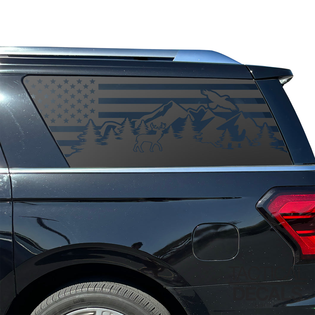 USA Flag w/Wildlife Scene Decal for 2018 - 2024 Ford Expedition Max Only - 3rd Windows - Matte Black