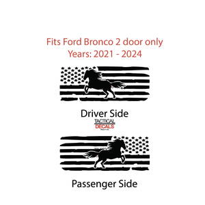 Distressed USA Flag w/Horse Decal for 2021 - 2024 Ford Bronco 2-Door Windows - Matte Black