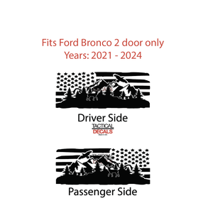 Distressed USA Flag w/Wildlife Scene Decal for 2021 - 2024 Ford Bronco 2-Door Windows - Matte Black