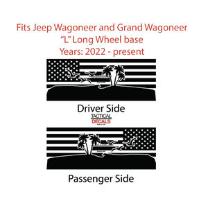 USA Flag with Beach Scene Decals for 2022-2024 Jeep Grand Wagoneer L 3rd Windows - Matte Black