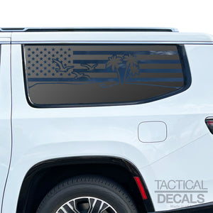 USA Flag with Beach Scene Decals for 2022-2024 Jeep Grand Wagoneer L 3rd Windows - Matte Black