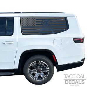 USA Flag with Pitbull Dog(K9) Decals for 2022-2024 Jeep Grand Wagoneer L 3rd Windows - Matte Black