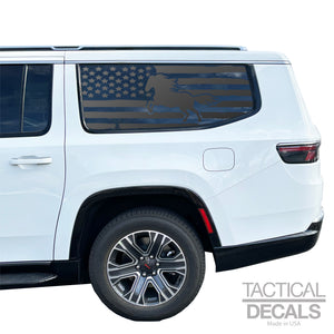 Distressed USA Flag with Horse Decals for 2022-2024 Jeep Grand Wagoneer L 3rd Windows - Matte Black