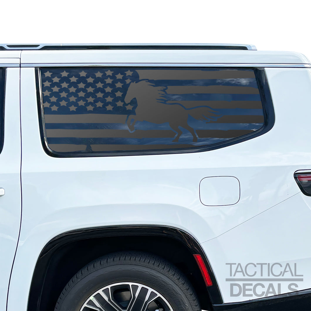 Distressed USA Flag with Horse Decals for 2022-2024 Jeep Grand Wagoneer L 3rd Windows - Matte Black
