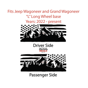 Distressed USA Flag with Mountains Decals for 2022-2024 Jeep Grand Wagoneer L 3rd Windows - Matte Black