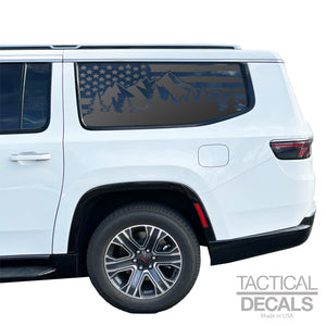 Distressed USA Flag with Mountains Decals for 2022-2024 Jeep Grand Wagoneer L 3rd Windows - Matte Black