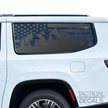 Load image into Gallery viewer, Distressed USA Flag with Mountains Decals for 2022-2024 Jeep Grand Wagoneer L 3rd Windows - Matte Black
