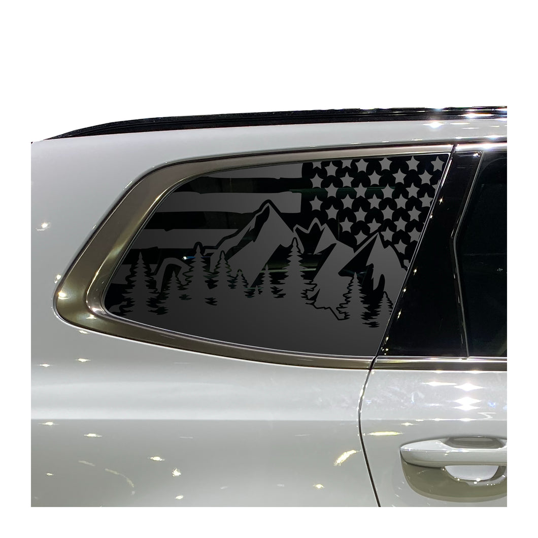 Distressed USA Flag w/mountain scene Decals - Fits 2022-2024 Kia Telluride Back Side Window - Matte Black (Copy)