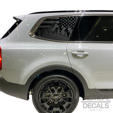 Load image into Gallery viewer, Distressed USA Flag w/mountain scene Decals - Fits 2022-2024 Kia Telluride Back Side Window - Matte Black (Copy)
