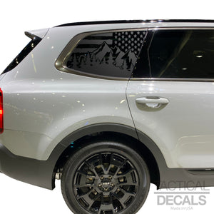 Distressed USA Flag w/mountain scene Decals - Fits 2022-2024 Kia Telluride Back Side Window - Matte Black (Copy)