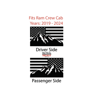USA Flag w/Mountain Scene Decal for 2019-2024 Ram 1500 Rebel Rear Door Windows - Matte Black