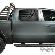 Load image into Gallery viewer, USA Flag w/Mountain Scene Decal for 2019-2024 Ram 1500 Rebel Rear Door Windows - Matte Black

