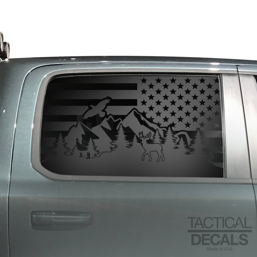 USA Flag w/Wildlife Scene Decal for 2019-2024 Ram 1500 Rebel Rear Door Windows - Matte Black