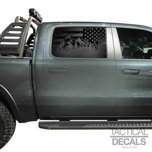 Distressed USA Flag w/Wildlife Decal for 2019-2024 Ram 1500 Rebel Rear Door Windows - Matte Black