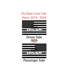 Load image into Gallery viewer, In God We Trust - USA Flag Decal for 2019-2024 Ram 1500 Rebel Rear Door Windows - Matte Black
