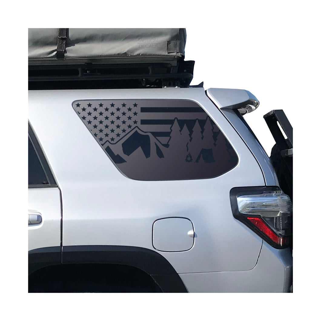 USA Flag w/Camping scene Decal for 2010 - 2024 Toyota 4Runner Windows - Matte Black