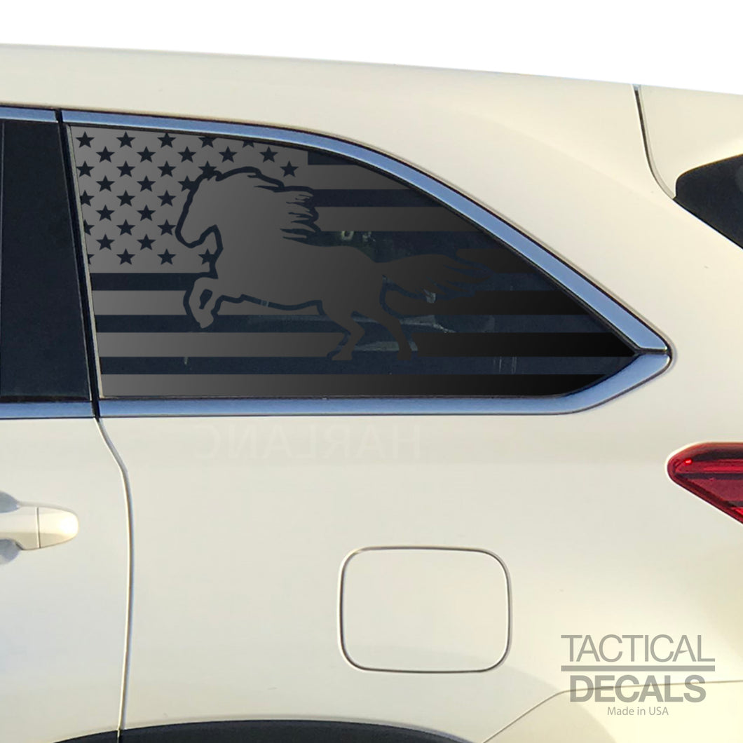 USA Flag with Horse Decal for 2014-2019 Toyota Highlander 3rd Windows - Matte Black