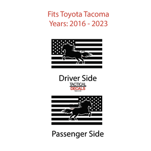 USA Flag w/Horse Decal for 2016 - 2023 Toyota Tacoma Rear Door Windows - Matte Black