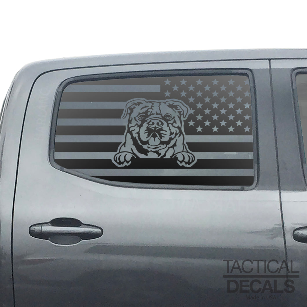 USA Flag w/Bullog(K9) Decal for 2016 - 2023 Toyota Tacoma Rear Door Windows - Matte Black