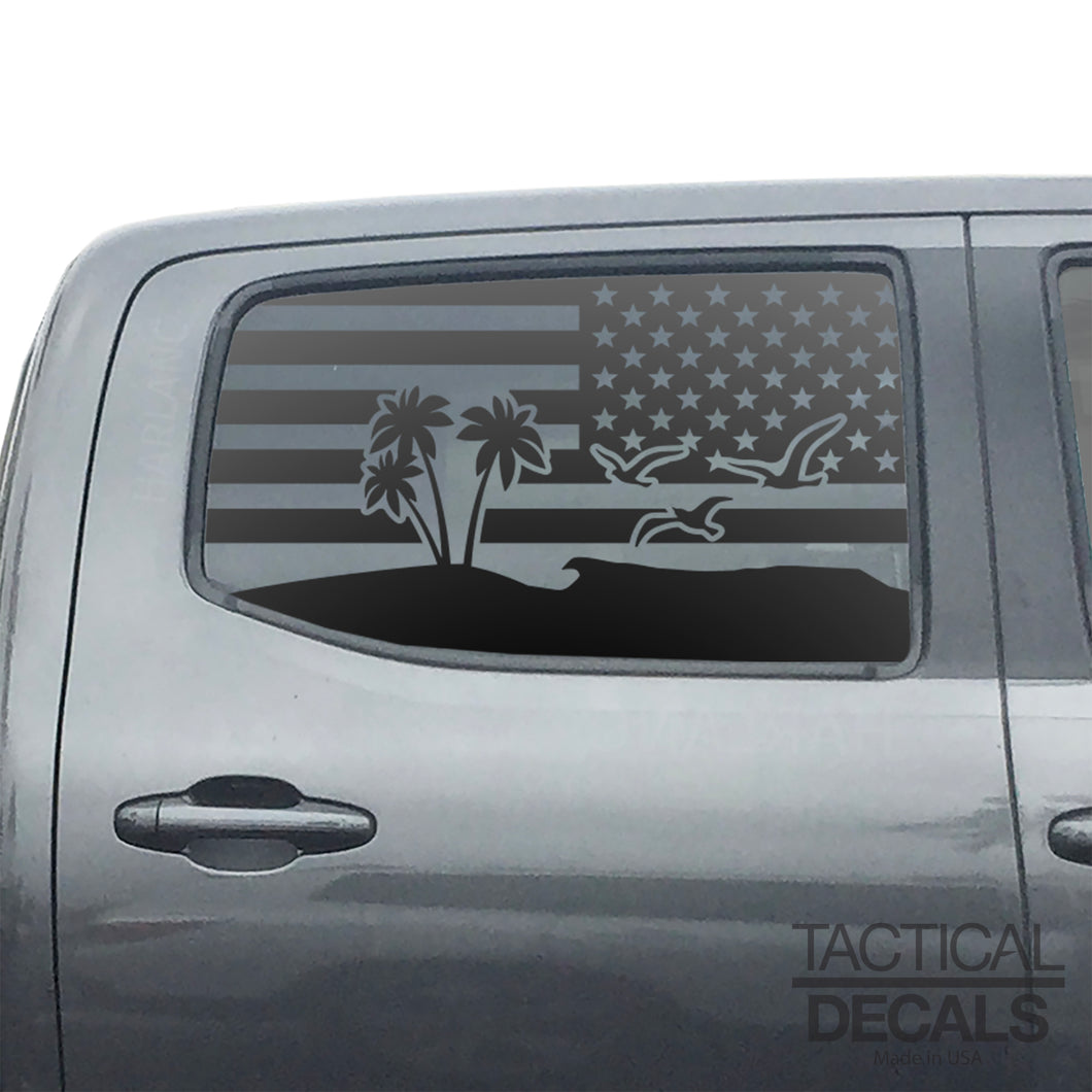 USA Flag w/Beach Scene Decal for 2016 - 2023 Toyota Tacoma Rear Door Windows - Matte Black