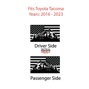 USA Flag w/Wildlife Scene Decal for 2016 - 2023 Toyota Tacoma Rear Door Windows - Matte Black