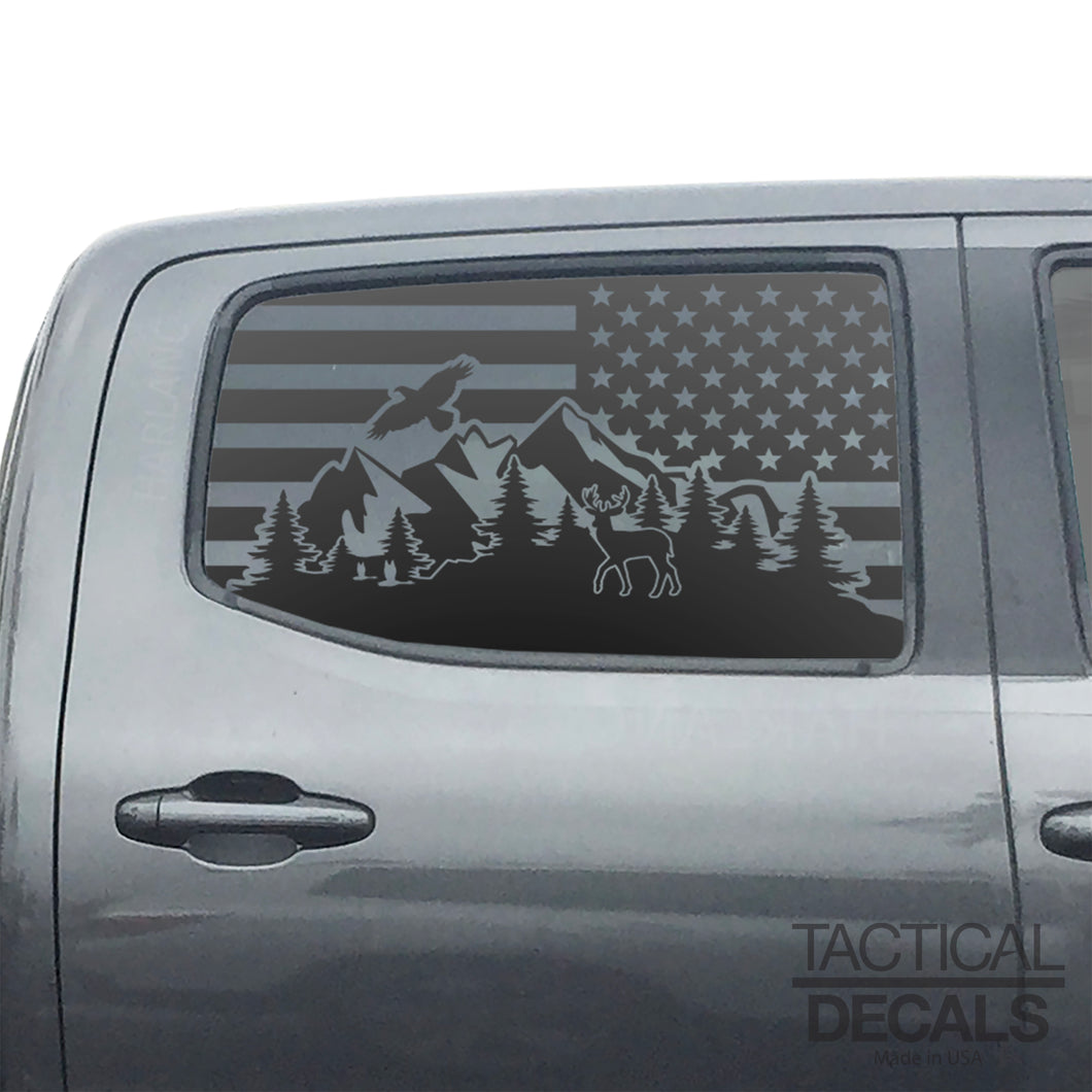USA Flag w/Wildlife Scene Decal for 2016 - 2023 Toyota Tacoma Rear Door Windows - Matte Black