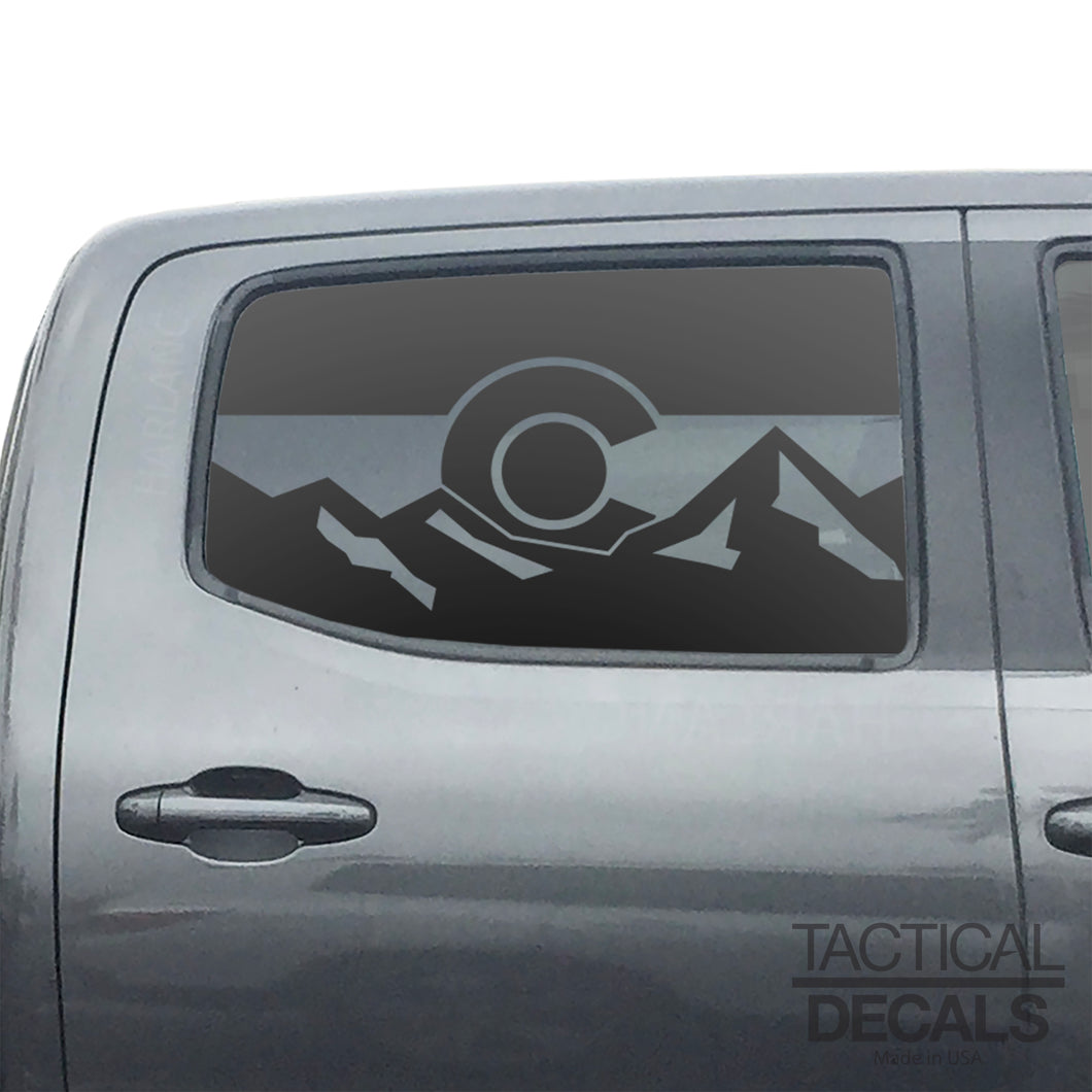 State of Colorado Flag w/Mountain Scene Decal for 2016 - 2023 Toyota Tacoma Rear Door Windows - Matte Black