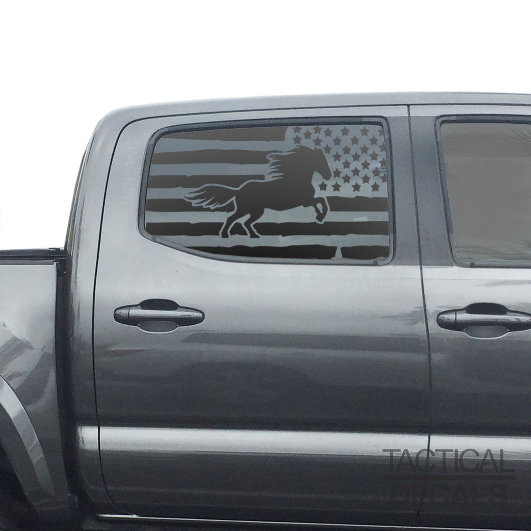 Distressed USA Flag w/Horse Decal for 2016 - 2023 Toyota Tacoma Rear Door Windows - Matte Black