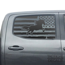 Load image into Gallery viewer, Distressed USA Flag w/Horse Decal for 2016 - 2023 Toyota Tacoma Rear Door Windows - Matte Black
