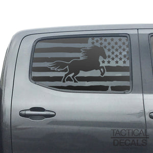 Distressed USA Flag w/Horse Decal for 2016 - 2023 Toyota Tacoma Rear Door Windows - Matte Black