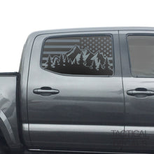 Load image into Gallery viewer, USA Flag w/Outdoor Mountain Scene Decal for 2016 - 2023 Toyota Tacoma Rear Door Windows - Matte Black
