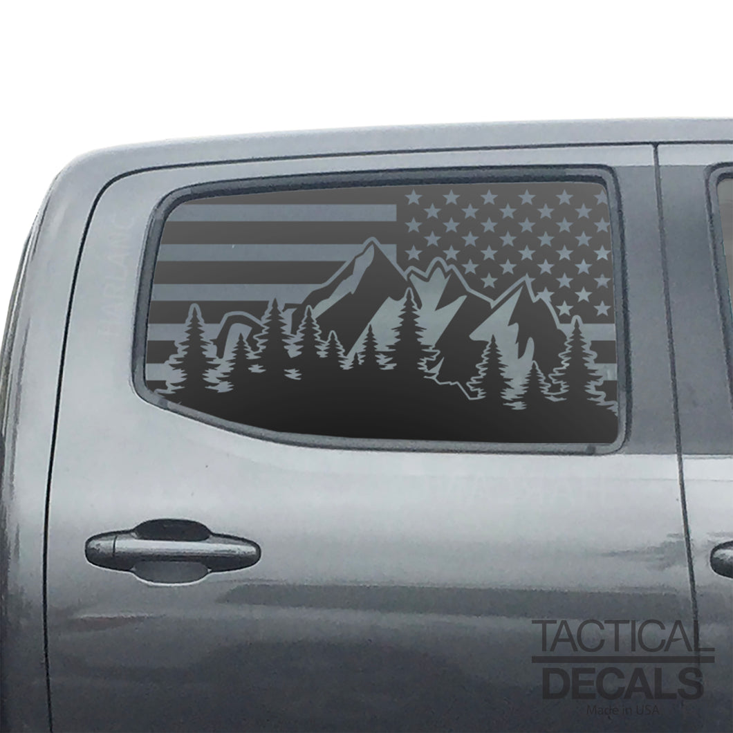 USA Flag w/Outdoor Mountain Scene Decal for 2016 - 2023 Toyota Tacoma Rear Door Windows - Matte Black