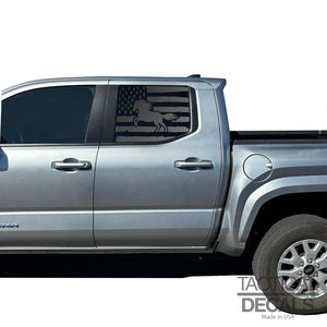 Distressed USA Flag with Horse Decal for 2024+ Toyota Tacoma Rear Door Windows - Matte Black