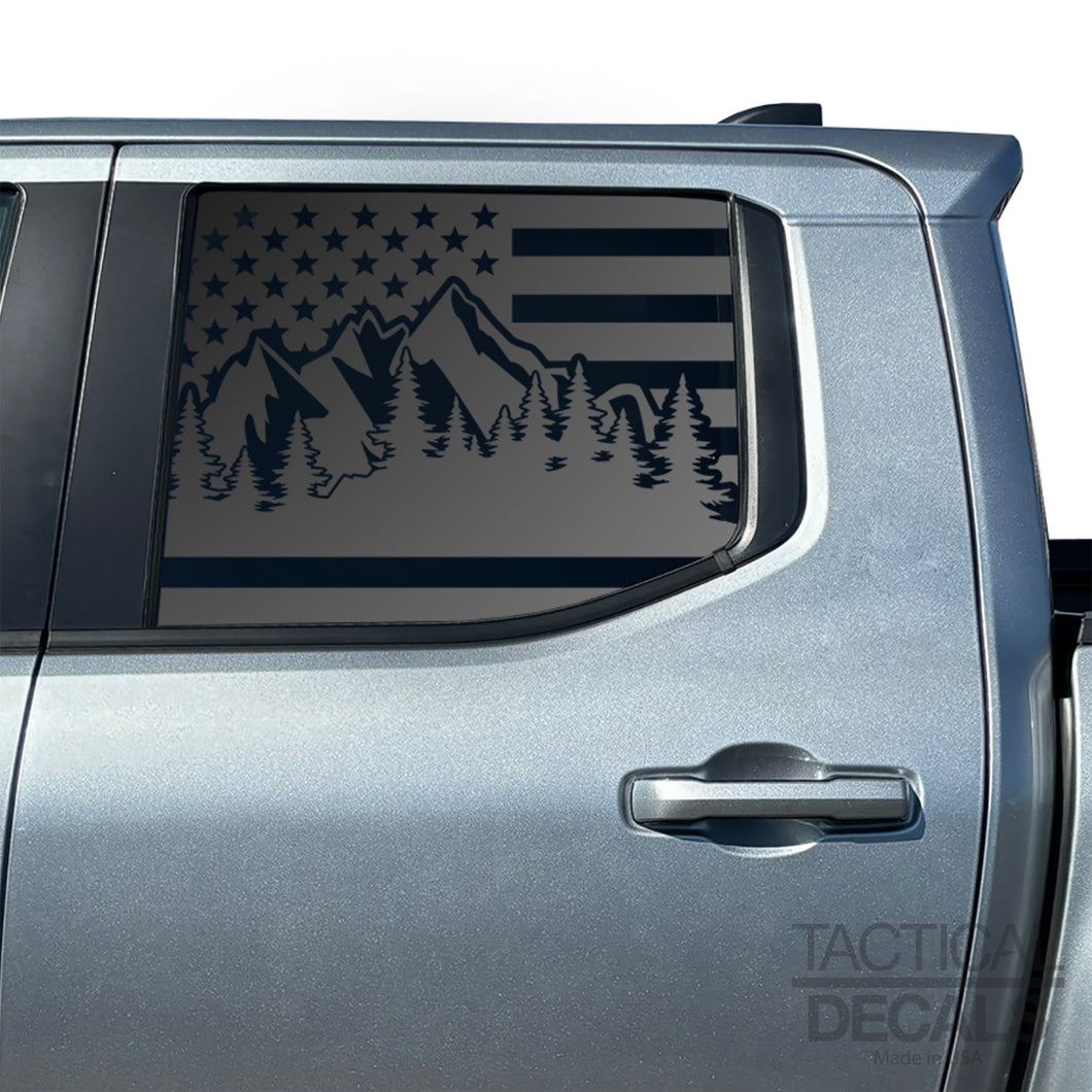 USA Flag with Outdoor Mountain Scene Decals for 2024+ Toyota Tacoma Rear Door Windows - Matte Black
