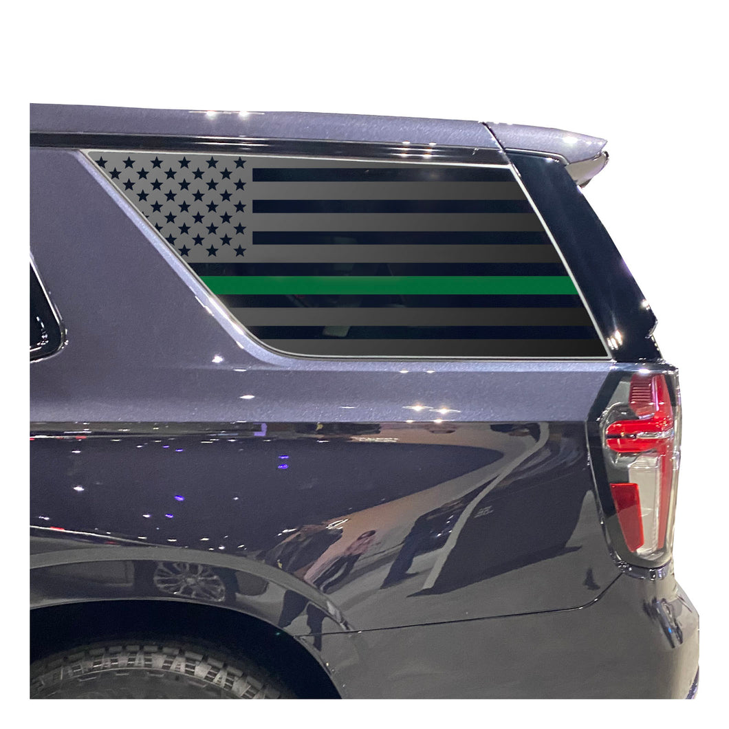 USA Flag w/ Green Line Decal for 2021 - 2024 Chevy Tahoe 3rd Windows - Matte Black