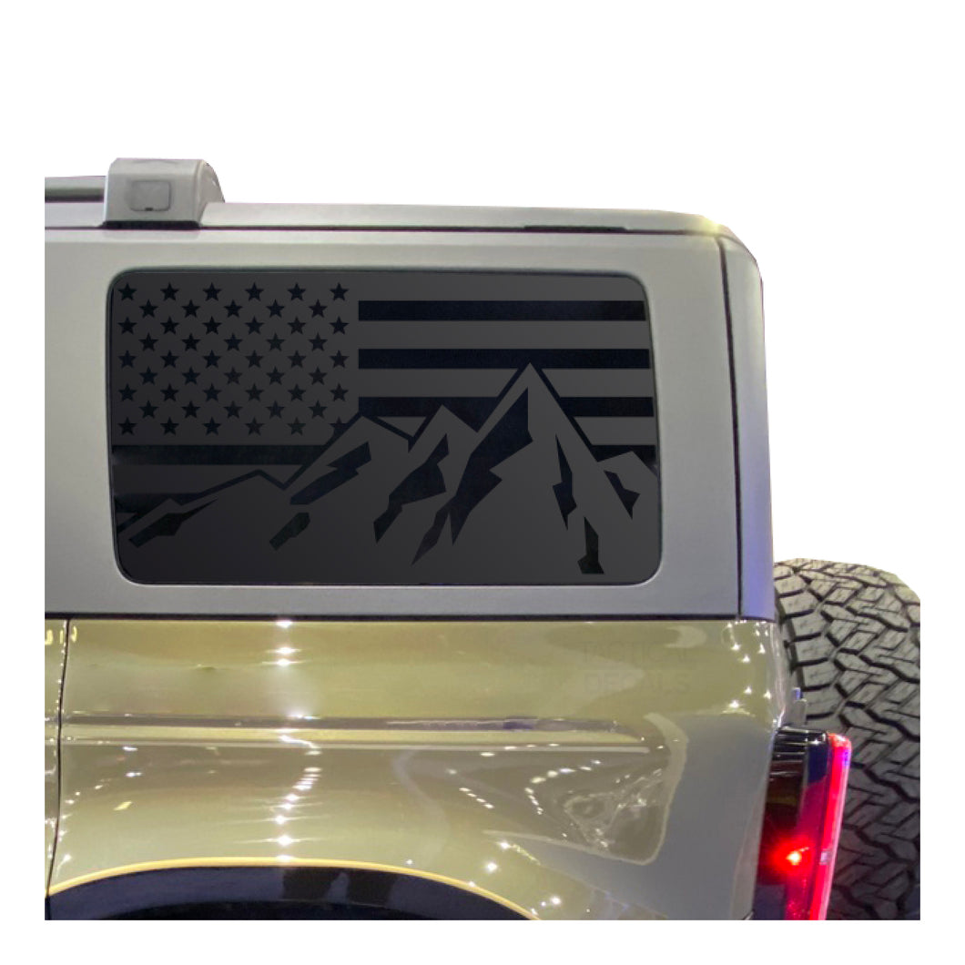 USA Flag with Mountain Scene Decal for 2021 - 2024 Ford Bronco 4-Door Windows - Matte Black