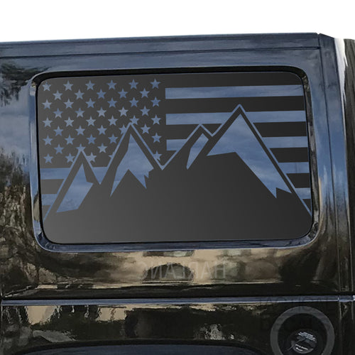 Tactical Decals USA Flag w/Mountain Peak Scene Decal for 2007-2020 4-Door Jeep Wrangler Hardtop Windows - Matte Black